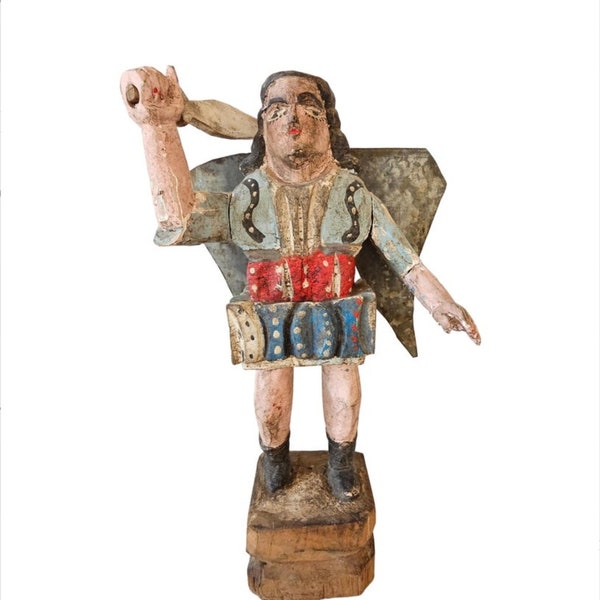 Vintage Mexican Religious Folk Art Bulto Spanish Colonial Style Polychrome Painted Wood Santo Figure Carving - Saint Michael Archangel