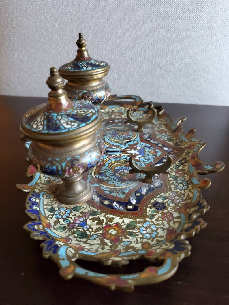 19th Century French Enameled Champleve Gilt-Bronze Inkstand Tray Desk Set Double Inkwell, Dip Pen, Rocker Blotter image 8