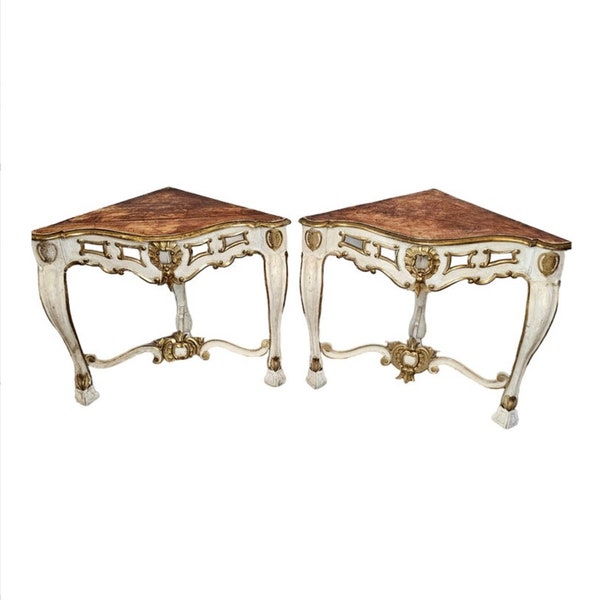 18th Century Italian Baroque Louis XV Carved Painted Giltwood Antique Corner Console Table Pair