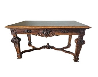 Antique French Louis XIV Style Carved Walnut Library Table Writing Desk 19th Century