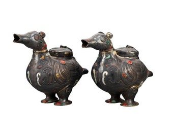 Pair of Antique Chinese Tibetan Silvered Bronze Hardstone Inlaid Zun Ritual Wine Vessels in Duck Form