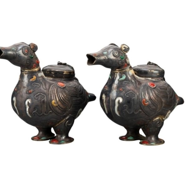 Pair of Antique Chinese Tibetan Silvered Bronze Hardstone Inlaid Zun Ritual Wine Vessels in Duck Form