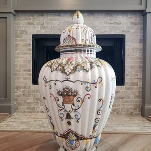 Monumental Italian Porcelain Hand Painted Fiori Urn Floor Vase, Signed, D.P. Italy, Artist M Dalla Costa image 2