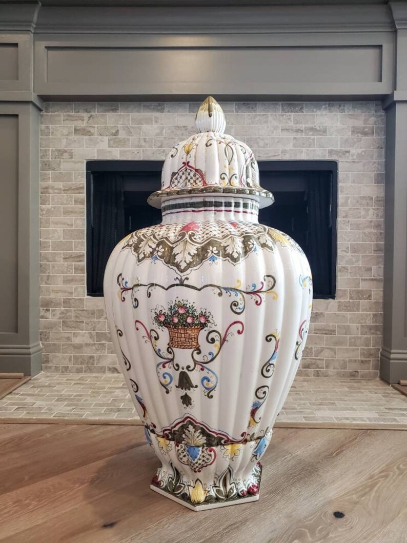 Monumental Italian Porcelain Hand Painted Fiori Urn Floor Vase, Signed, D.P. Italy, Artist M Dalla Costa image 2