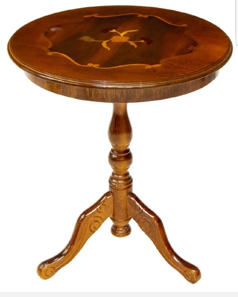 Vintage Italian Fl Marquetry Small Pedestal Side Table