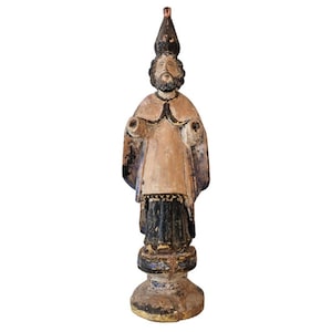 Antique Spanish Colonial Hispano-Philippine Carved Polychrome Santo Altar Figure Religious Bishop Saint 18th/19th Century