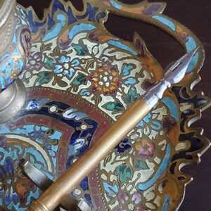 19th Century French Enameled Champleve Gilt-Bronze Inkstand Tray Desk Set Double Inkwell, Dip Pen, Rocker Blotter image 6