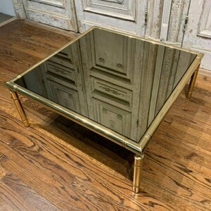 Mid-Century French Brass Faux Bamboo Smoked Mirror Glass Coffee Table image 8