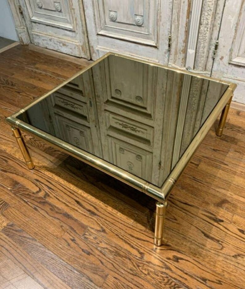 Mid-Century French Brass Faux Bamboo Smoked Mirror Glass Coffee Table image 8