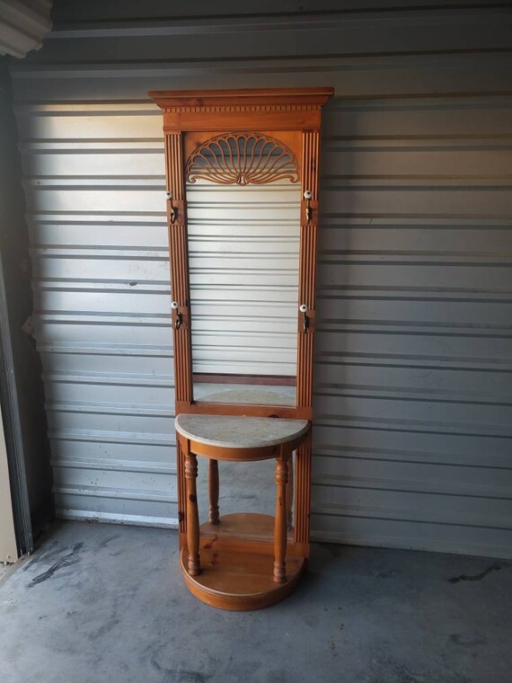 Vintage Oak Wood Hall Tree Stand With Mirror And Marble Top