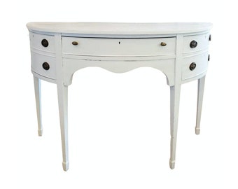 19th Century Hepplewhite Style Bow Front Distressed Painted White Sideboard