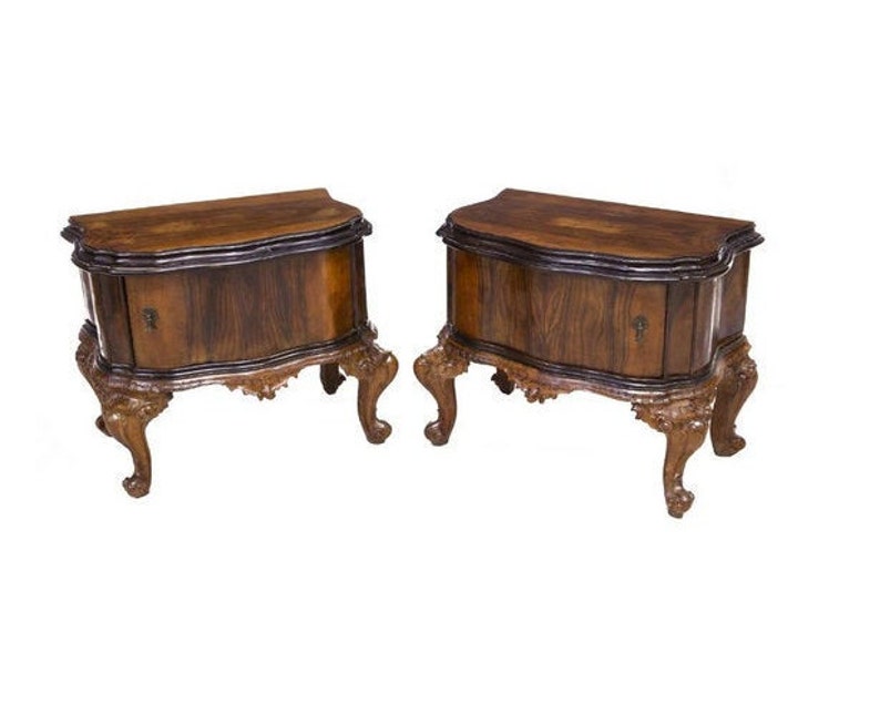 Vintage Venetian Baroque Hand Carved Highly Figured Burl Walnut Bedside Cabinet / End Table Pair image 1