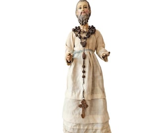 17th/18th Century Baroque Period Spanish or Italian Carved Polychrome Wood Santo Altar Figure Sculpture w/ Colored Glass Eyes & Robe