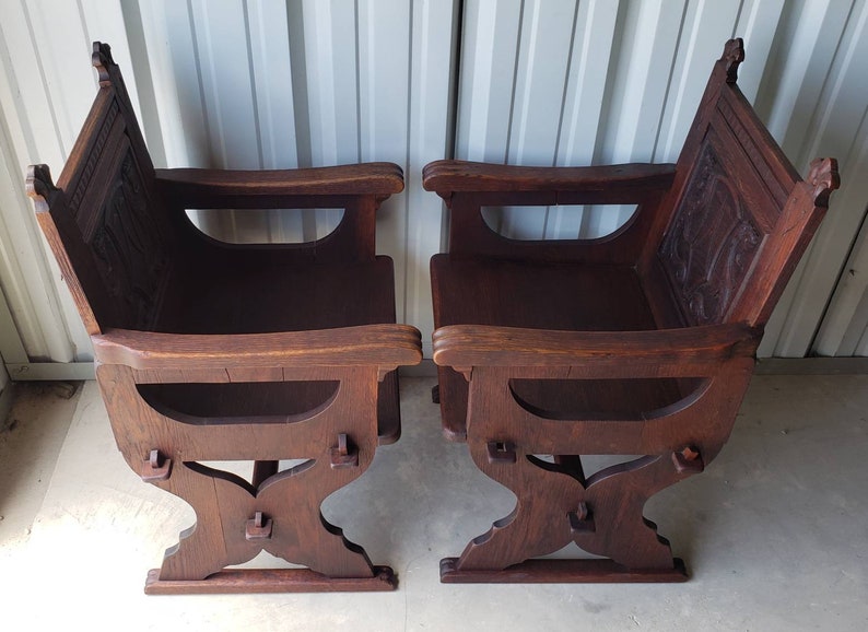 Antique American Renaissance Revival Carved Oak Armchair / Chair a Pair image 9