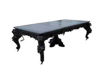 Rare Antique Meiji Period Japanese Export Dragon Carved Laqueur Ebonized Mechanical Extension Dining Table - Late 19th / Early 20th Century