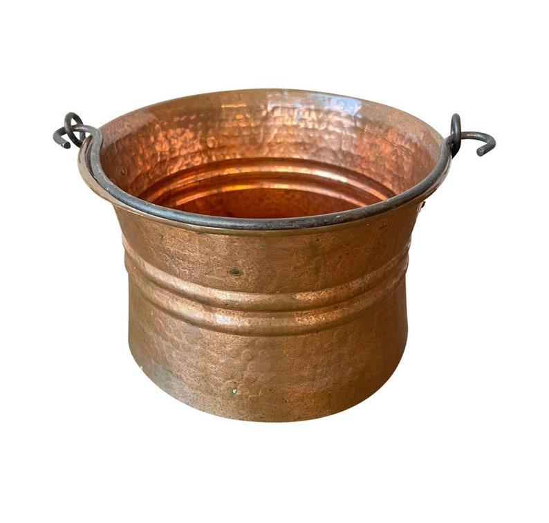 19th Century Hammered Copper Kettle Pot With Iron Handle Antique Cauldron Wine Chiller Ice Bucket Planter image 1