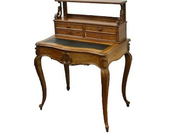 French Napoleon III Period Bonheur Du Jour Bureau Plat Writing Desk, 19th Century, Mahogany Black Leather