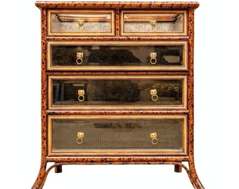 Maitland Smith Regency Style Faux Bamboo Tortoiseshell Leather Glass Chest Of Drawers Vitrine Display Commode