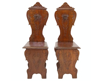 Pair of Antique Provincial Italian Renaissance Revival Carved Walnut Sgabello Hall Chairs, 19th Century