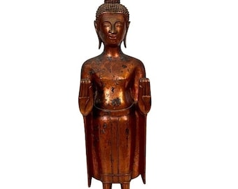 Large Antique Khmer Carved Wood Standing Buddha Figure Statue / Southeast Asian Gilt Lacquered Wooden Sculpture