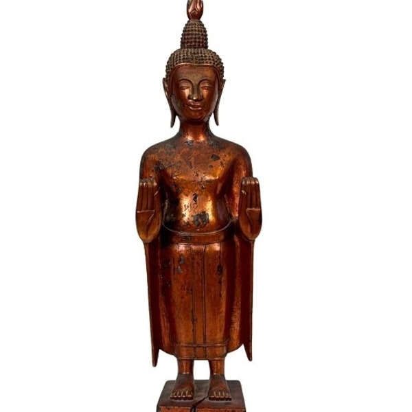 Large Antique Khmer Carved Wood Standing Buddha Figure Sculpture / Southeast Asian Gilt Lacquered Wooden Buddhist Statue
