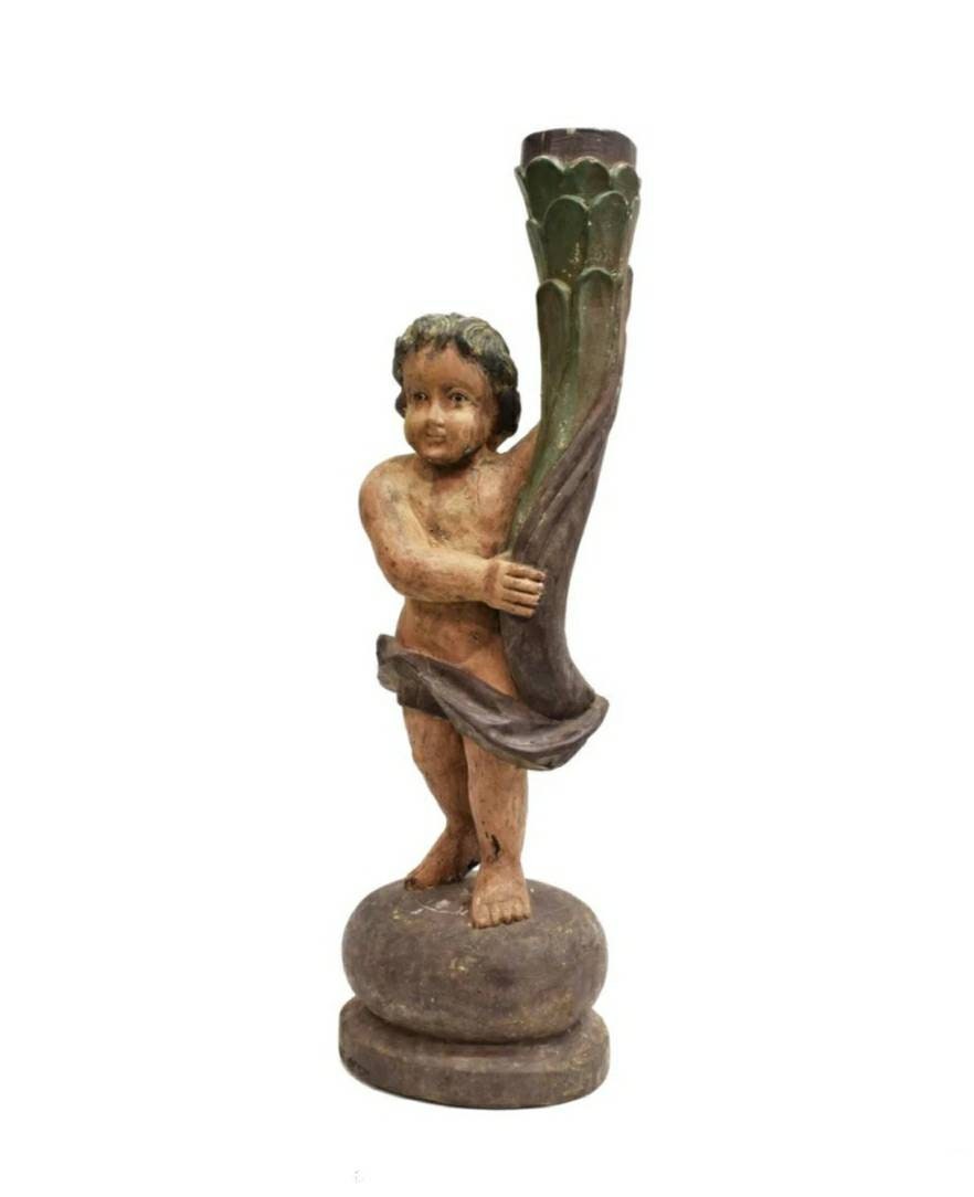Candelabro de antorcha con figura arquitectónica de putti policromado tallado colonial español del siglo XVIII - Escultura antigua de gran tamaño