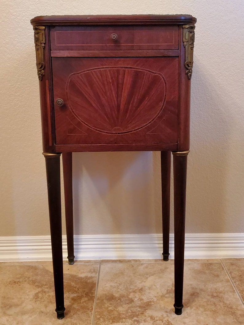 Antique French Louis XVI Style Parquetry Sunburst Inlaid Bedside Cabinet 19th / 20th Century nightstand end table lamp stand image 3