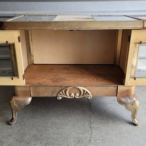 Antique American Early Kitchen Stove Wood Oven now Console Table w/ Glass-Door Storage Cabinet Kitchen Island , Enameled Cast Iron Metal image 9