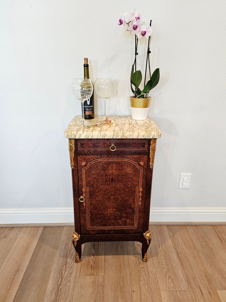 Antique French Transitional Louis XV XVI Style Amboyna Burlwood Gilt Bronze Mounted Marble Top Bedside Cabinet Nightstand image 4