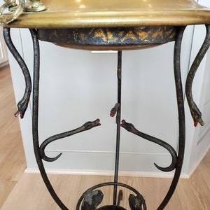 Antique Italian Wrought Iron Sculptural Serpent Snake Atheniennel Tripod with Hammered Copper & Brass Handled Brazier / Tiered Planter Stand image 9