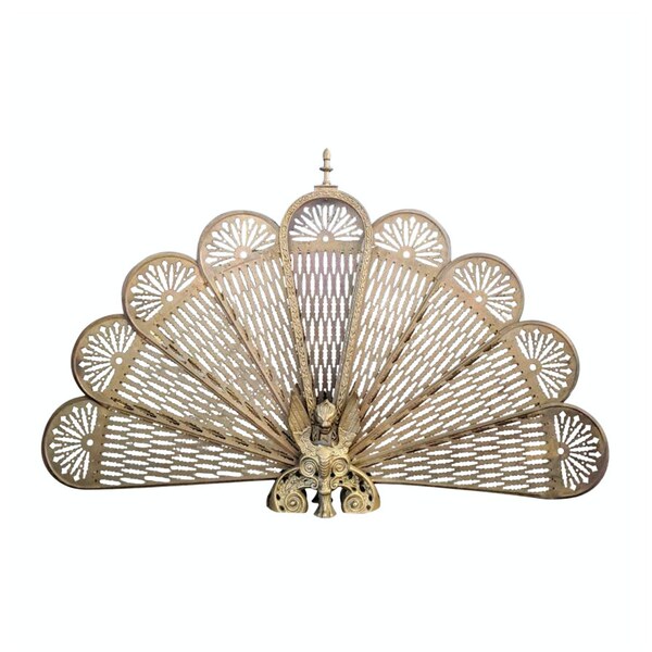 Antique Early Art Deco Period Bronze & Brass Phoenix Folding Peacock Fire Screen Fan - circa 1920 - Victorian era style