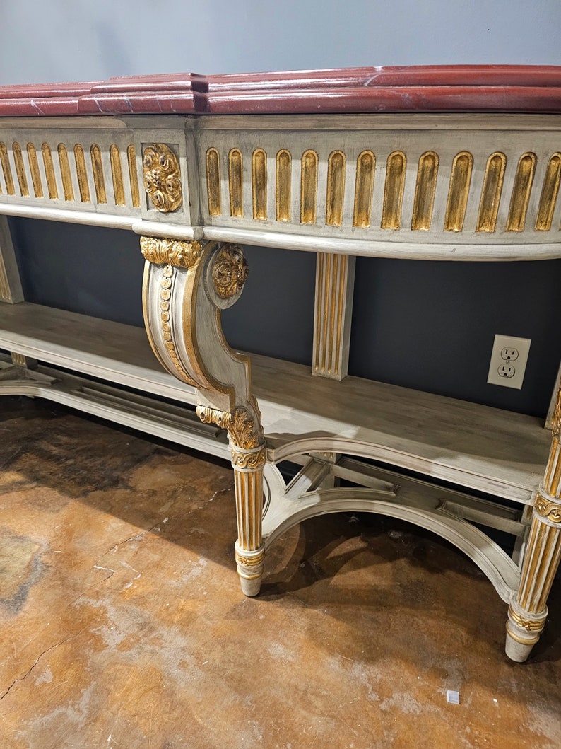 Large Vintage French Louis XVI Style Painted Parcel Gilt Console Table Sideboard Server image 6