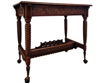 19th Century Victorian Highly Carved Parlor Table / Library Writing Table