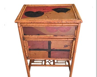 Antique Victorian Aesthetic Movement Japanned Chinoiserie Work Table Sewing Cabinet Lacquered Painted Burnt Bamboo Side Table 19th Century