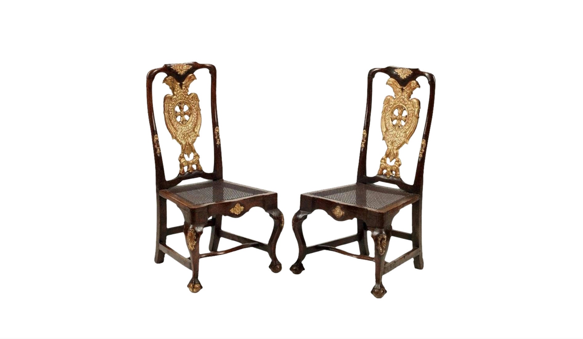 18th Century Baroque Period Carved Gilt Wood Two Headed Eagle Side Chair Pair