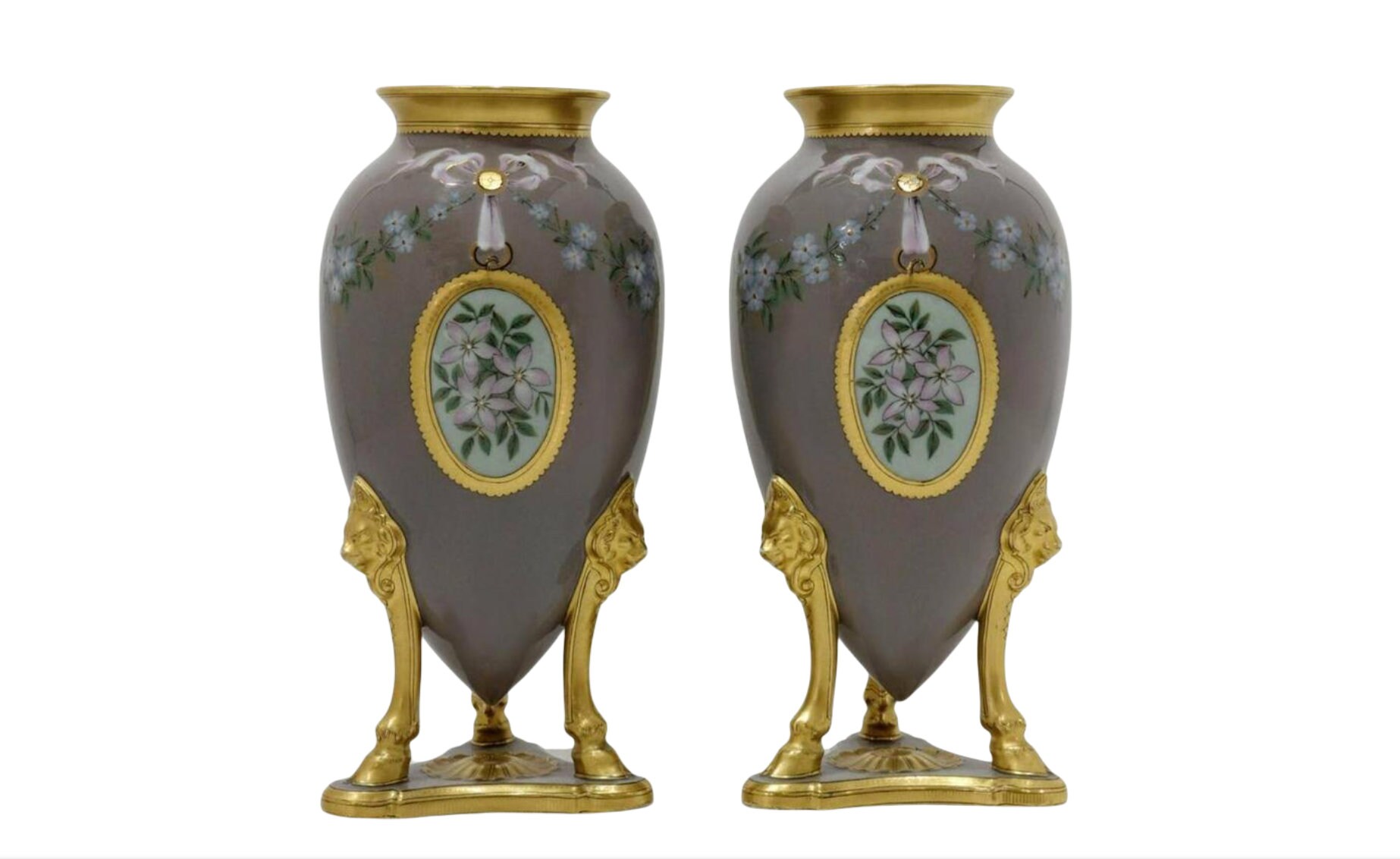 Antique French Parisian Louis Xvi Style Porcelain Gilt Bronze Urn Vases Garniture Pair, Signed, G & Cie