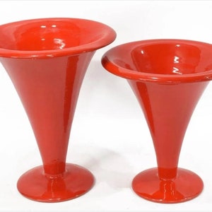 Mid-Century Italian Modern Signed Italica ARS Atomic Red Glazed Hand-Turned Pottery Vase Pair Tuscan Ceramics image 1