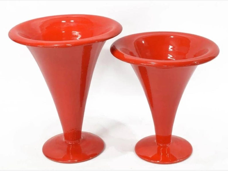 Mid-Century Italian Modern Signed Italica ARS Atomic Red Glazed Hand-Turned Pottery Vase Pair Tuscan Ceramics image 1