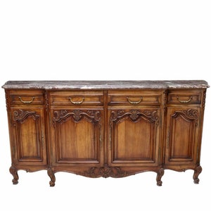 French Provincial Louis XV Grand Regence Style Walnut Breakfront Sideboard Buffet
