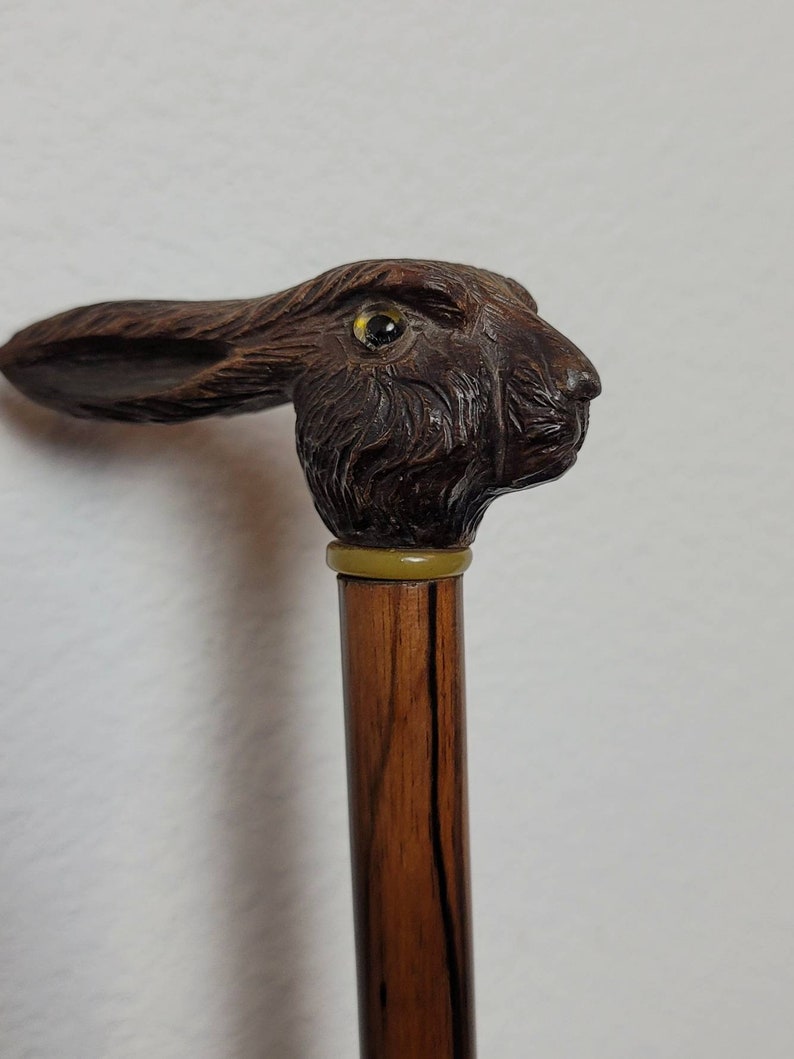 Fine 19th Century Black Forest Carved Figural Rabbit Head Mounted Antique English Magnifying Glass Sculptural Desk Decor / Table Curiosity image 5