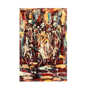 Mid-Century African Modern Framed Oil On Board Painting, Signed, Dancing Figures, Zaire, Congo, Africa, circa 1960