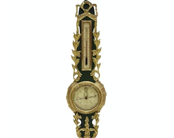 Large 18th/19th Century French Louis XVI Selon Torricelli Carved Painted Green Giltwood Antique Wall Barometer & Thermometer