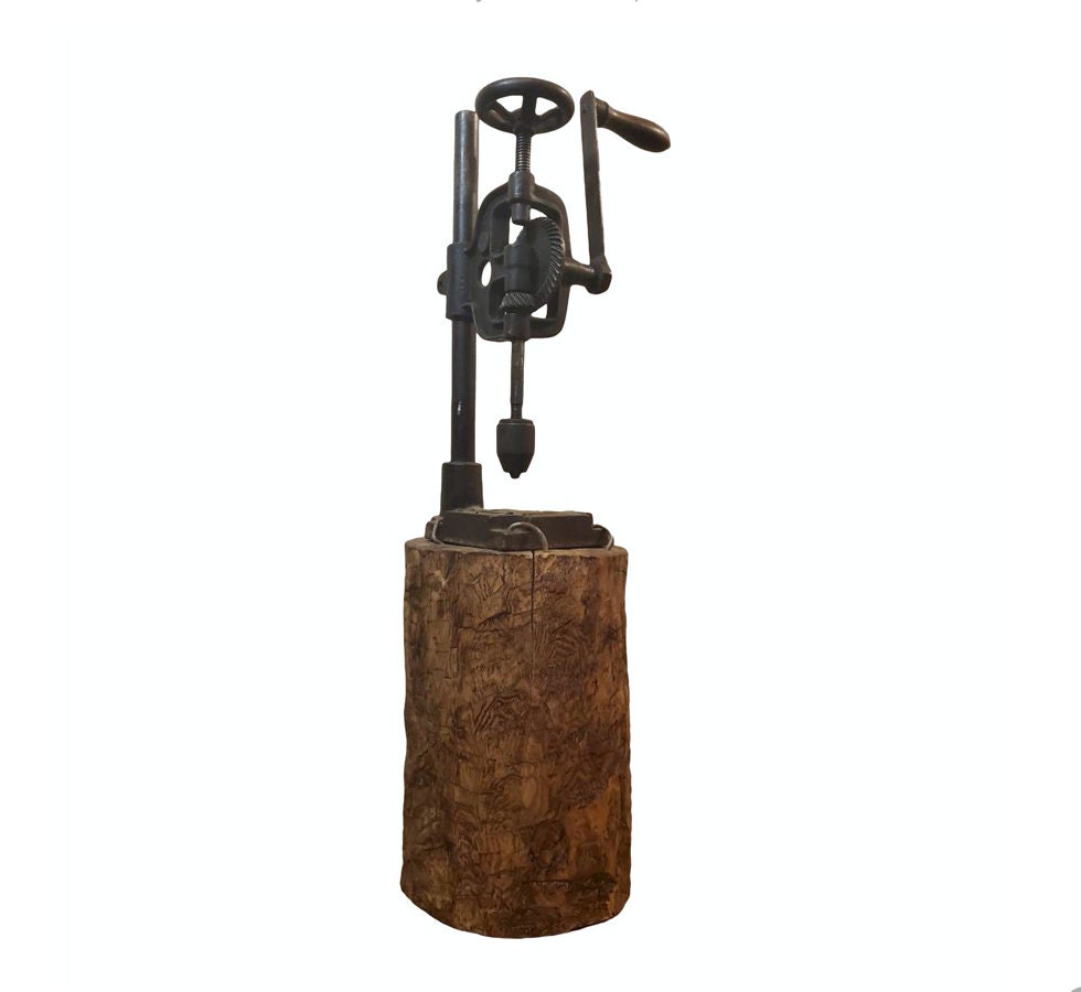 Antique Industrial Hand Crank Iron Blacksmith Farm Barn Post Bench Drill Press Mounted On Rustic Wooden Stump Log Base  - American Primitive