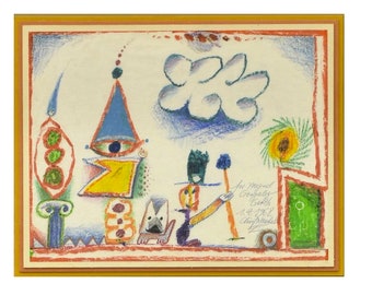 Puede incluir: Un dibujo abstracto colorido con una torre amarilla, azul y roja, una figura verde con un sombrero negro y una nube blanca. El dibujo está firmado "Para Miguel González 1.4.1988 Clay Maxwell".