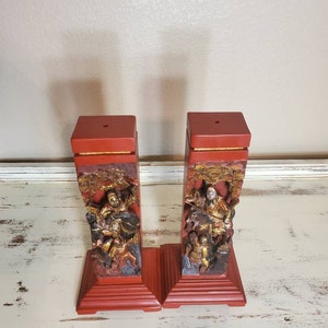 Vintage Chinese Red Lacquer Gilt Painted Hand Carved Wooden Figural Architectural Element Incense Burner Stand image 9