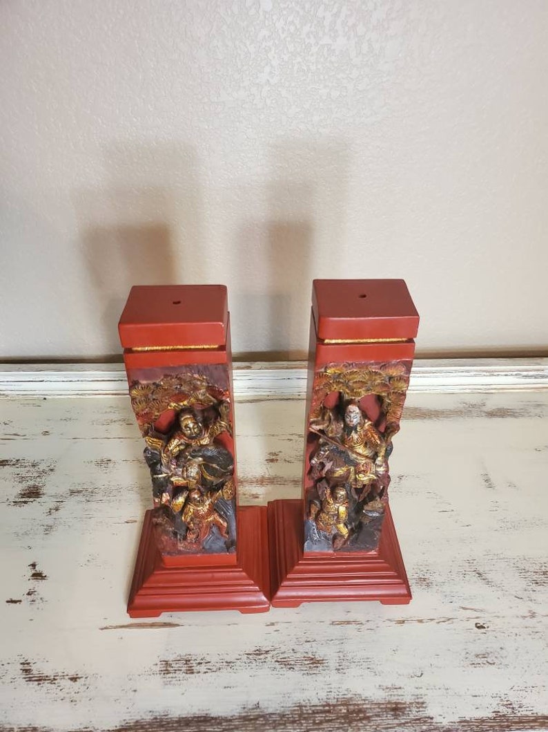 Vintage Chinese Red Lacquer Gilt Painted Hand Carved Wooden Figural Architectural Element Incense Burner Stand image 9