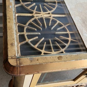 Antique American Early Kitchen Stove Wood Oven now Console Table w/ Glass-Door Storage Cabinet Kitchen Island , Enameled Cast Iron Metal image 3