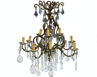 Antique Italian Bronze Crystal Prism 12 Arm Chandelier