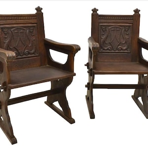 Antique American Renaissance Revival Carved Oak Armchair / Chair a Pair image 1