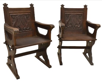 Antique American Renaissance Revival Carved Oak Armchair / Chair - a Pair